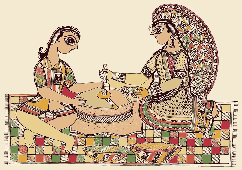 Madhubani painting of a family grinding singhara into flour on a stone chakki