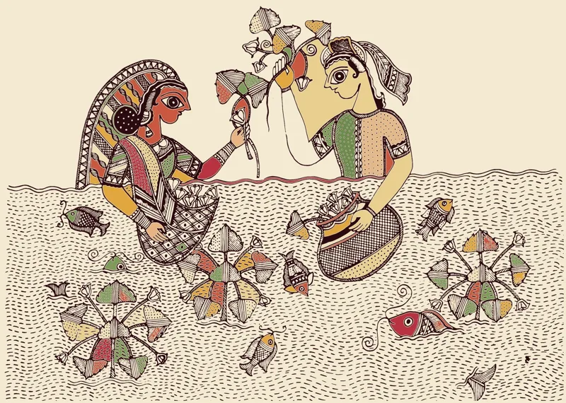 Madhubani painting of two women harvesting singhara in a pond, with fish around them
