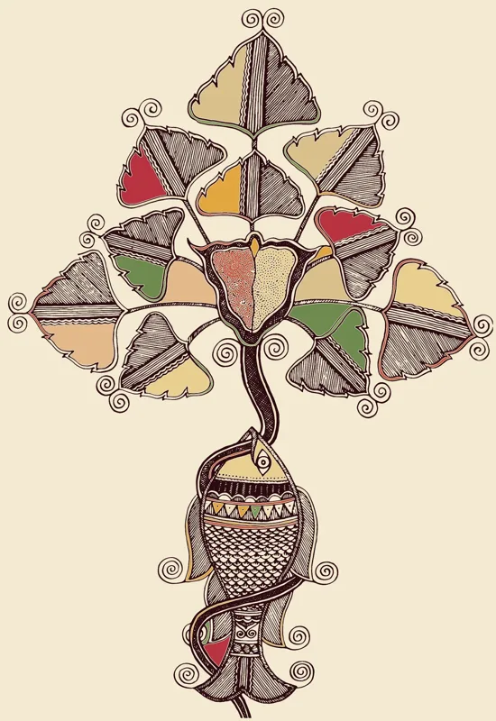 Madhubani painting of a singhara plant growing from a fish, symbol of the Mithila wetlands